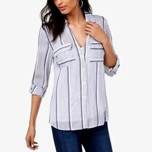 INC Blue White Viscose Button Down Shirt M Coastal Prep Resortcore Long Sleeve